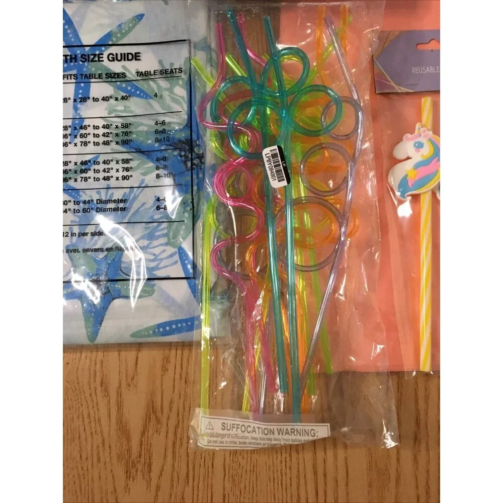 New Bundle Of 16pc Tropical Beachy Party Birthday Shaped Straws & Table Covers